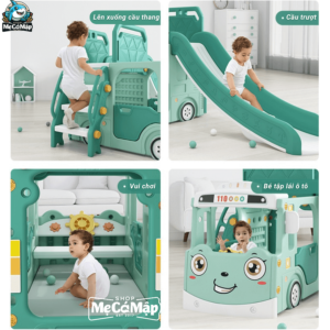 Bộ cầu trượt đi kèm với nhiều trò chơi thú vị khác như: bóng bổ, ném vòng, xích đu,...