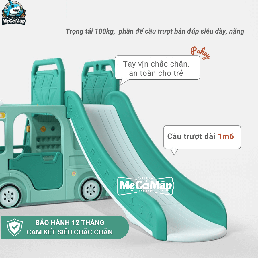Máng trượt dài 160cm, rộng 38cm, thành máng cao 19cm giúp bé trượt thoải mái mà vẫn đảm bảo an toàn