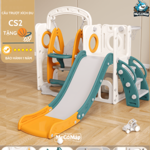 Set xích đu cầu trượt cho bé CS2 tích hợp các set trò chơi như: Cầu trượt, xích đu, cột bóng rổ, khu vưc chờ trượt rộng an toàn