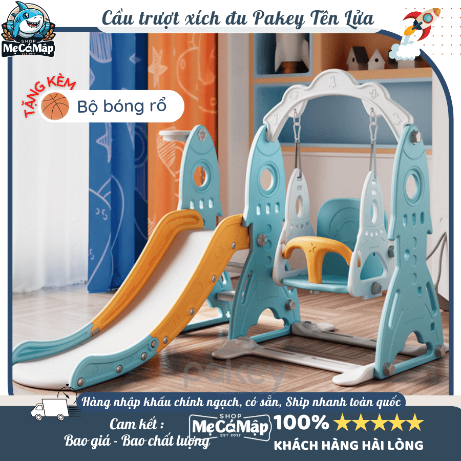 Cầu trượt xích đu Pakey hình tên lửa là set vận động có thiết kế an toàn tuyệt đối cho trẻ nhỏ