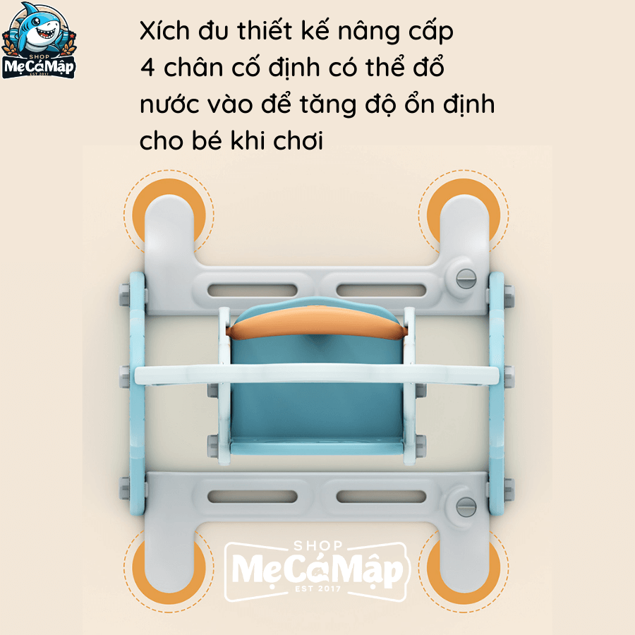 Xích đu bao gồm 4 chân cố định có thể đổ nước để tăng ổn định khi bé chơi đùa.