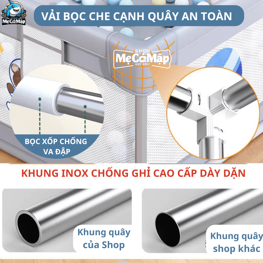 Khung quây bóng và khung chắn trên được trang bị lớp bọc xốp chống va đập, giúp bé hạn chế tổn thương trong trường hợp va chạm