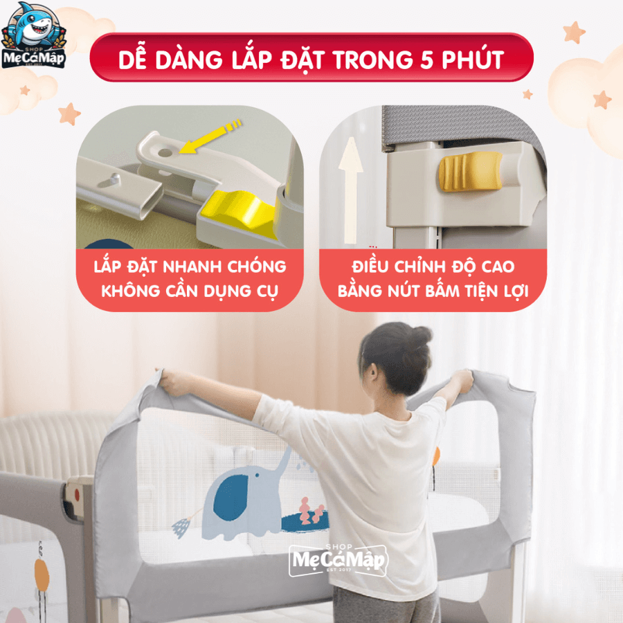Thiết kế các thanh bo cong bám sát vào giường (đệm) nên không tạo ra khe hở, loại bỏ được nguy cơ bé bị kẹp chân