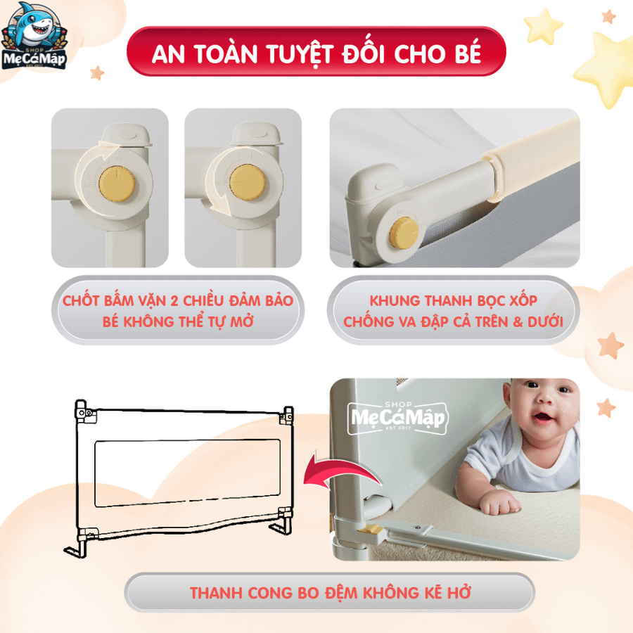 Thiết kế chốt khóa vặn 2 chiều càng đảm bảo sự an toàn cho bé bởi bé sẽ không thể tự mở thanh chắn