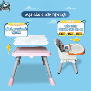 Khay ăn có 3 nấc điều chỉnh để phù hợp với chiều cao của bé. Đai thắt có 5 điểm chắc chắn, an toàn