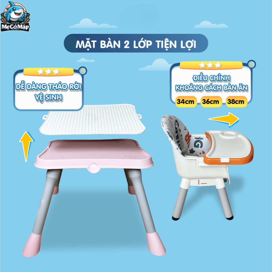 Khay ăn có 3 nấc điều chỉnh để phù hợp với chiều cao của bé. Đai thắt có 5 điểm chắc chắn, an toàn