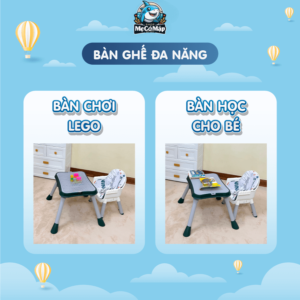Bàn và ghế có thể tách biệt, bàn sử dụng được 2 mặt, một mặt được thiết kế như bàn chơi lego