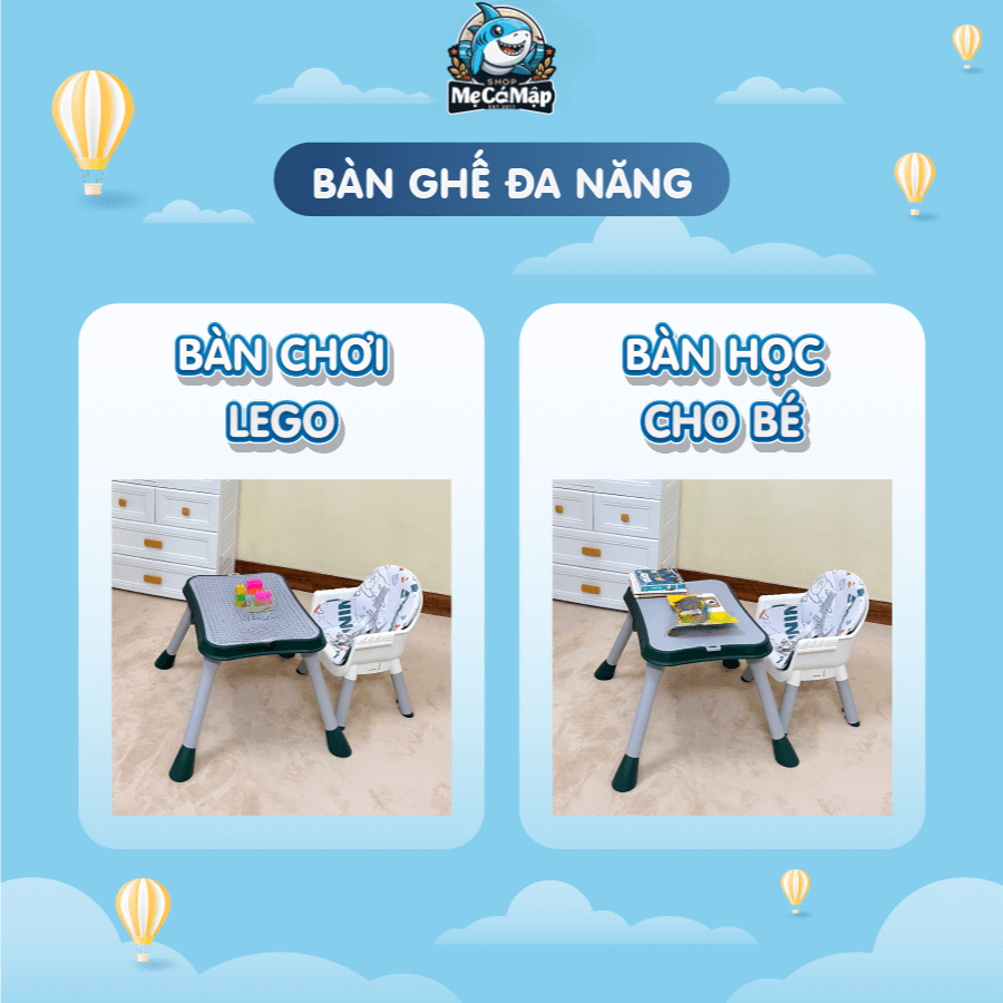 Bàn và ghế có thể tách biệt, bàn sử dụng được 2 mặt, một mặt được thiết kế như bàn chơi lego