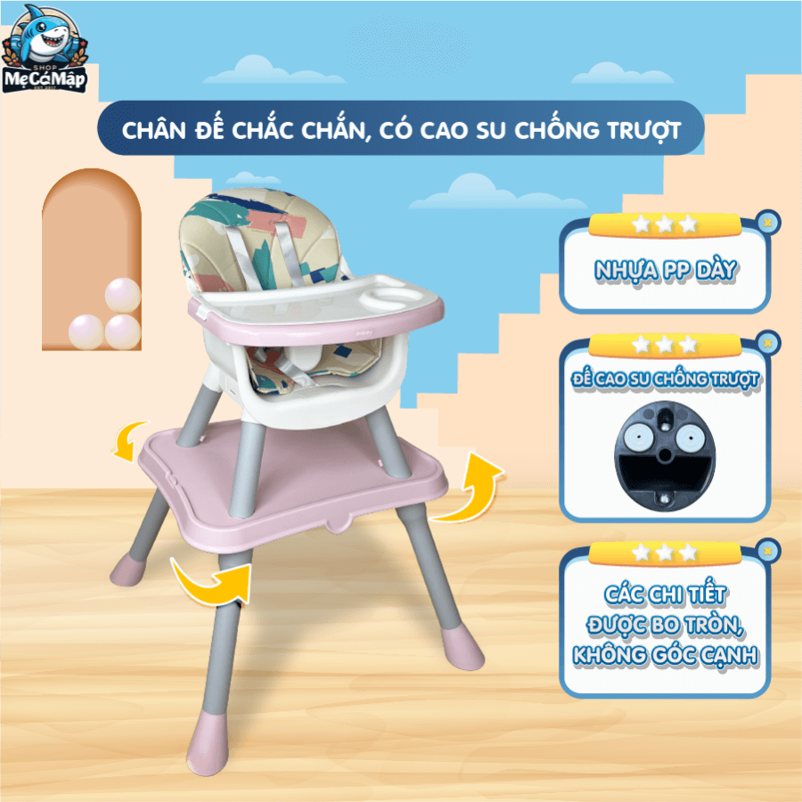 Ghế có cấu trúc kim tự tháp với 4 chân mở rộng dần về phía dưới giúp bé ngồi được vững chắc và ổn định hơn