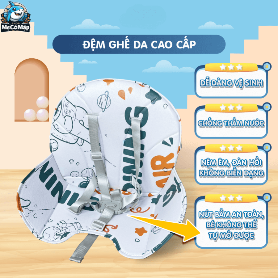 Chân ghế có các chốt lắp đặt dễ dàng, ghế có đệm lót êm ái, đệm không thấm nước và dễ dàng vệ sinh