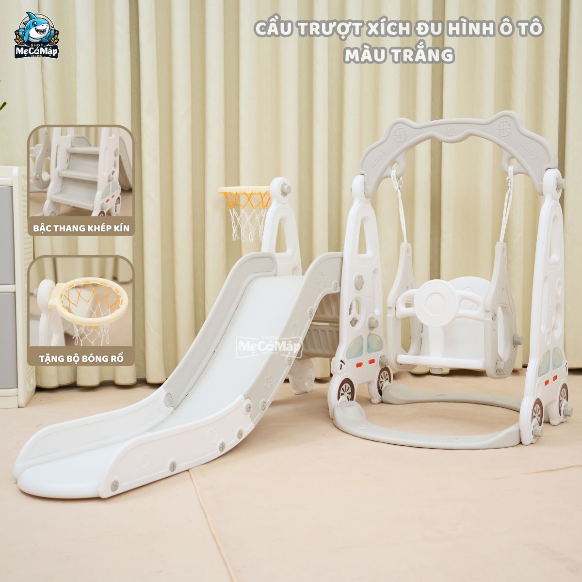 Cầu trượt xích đu ô tô màu trắng