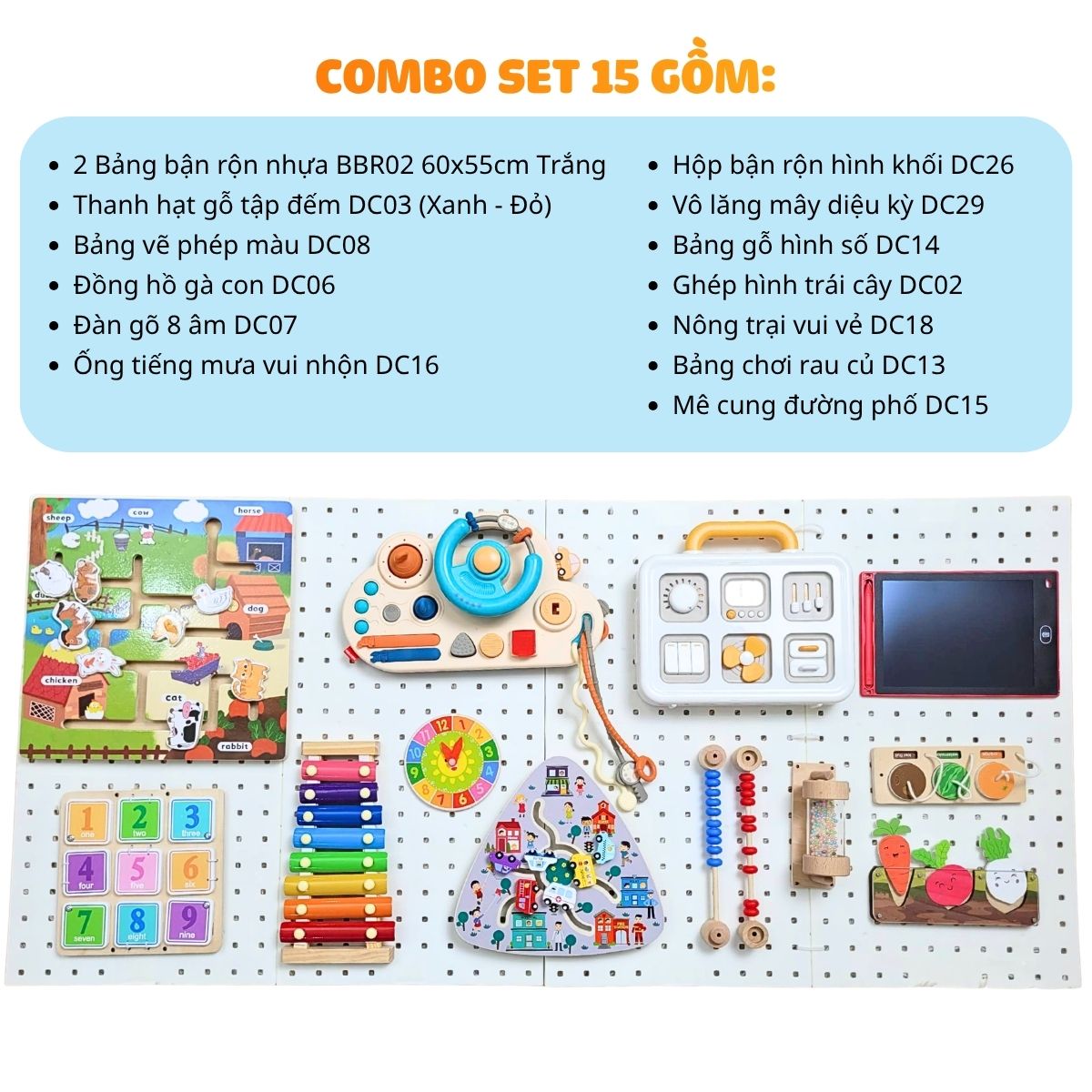 combo-bang-ban-ron-BBr02 (2) Bảng bận rộn cho bé BBR02 kèm đồ chơi Montessori