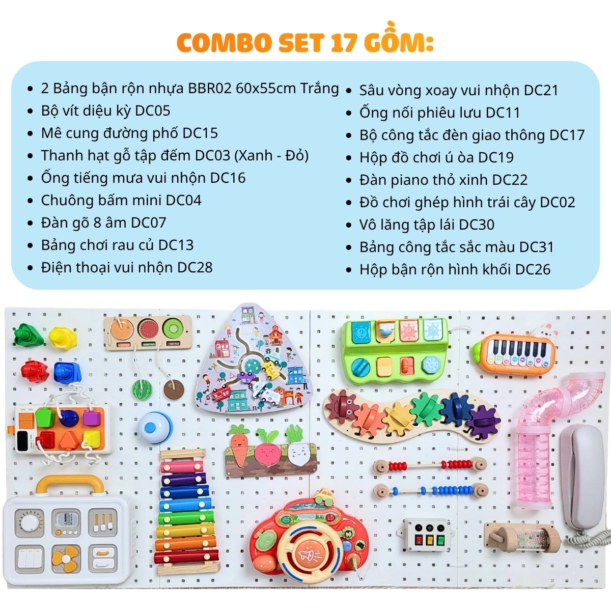 combo-bang-ban-ron-BBr02 (4) Bảng bận rộn cho bé BBR02 kèm đồ chơi Montessori