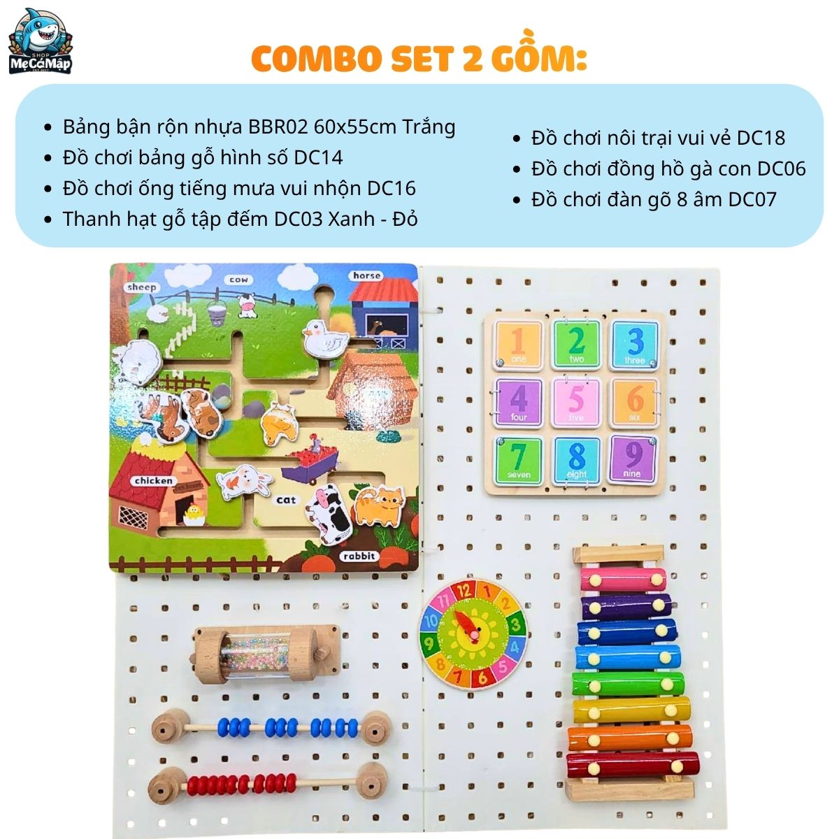 combo-bang-ban-ron-va-do-choi (2) Bảng bận rộn cho bé BBR02 kèm đồ chơi Montessori