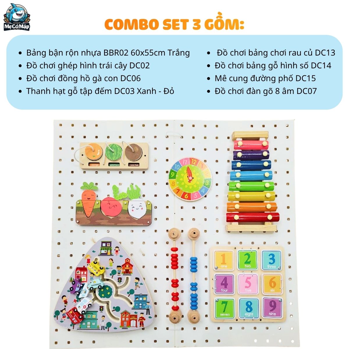 combo-bang-ban-ron-va-do-choi (3) Bảng bận rộn cho bé BBR02 kèm đồ chơi Montessori