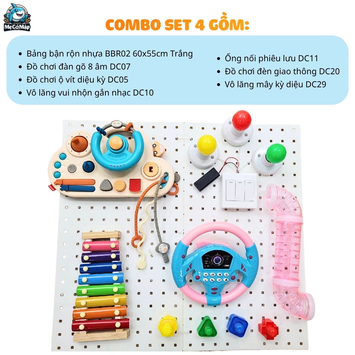 combo-bang-ban-ron-va-do-choi (4) Bảng bận rộn cho bé BBR02 kèm đồ chơi Montessori