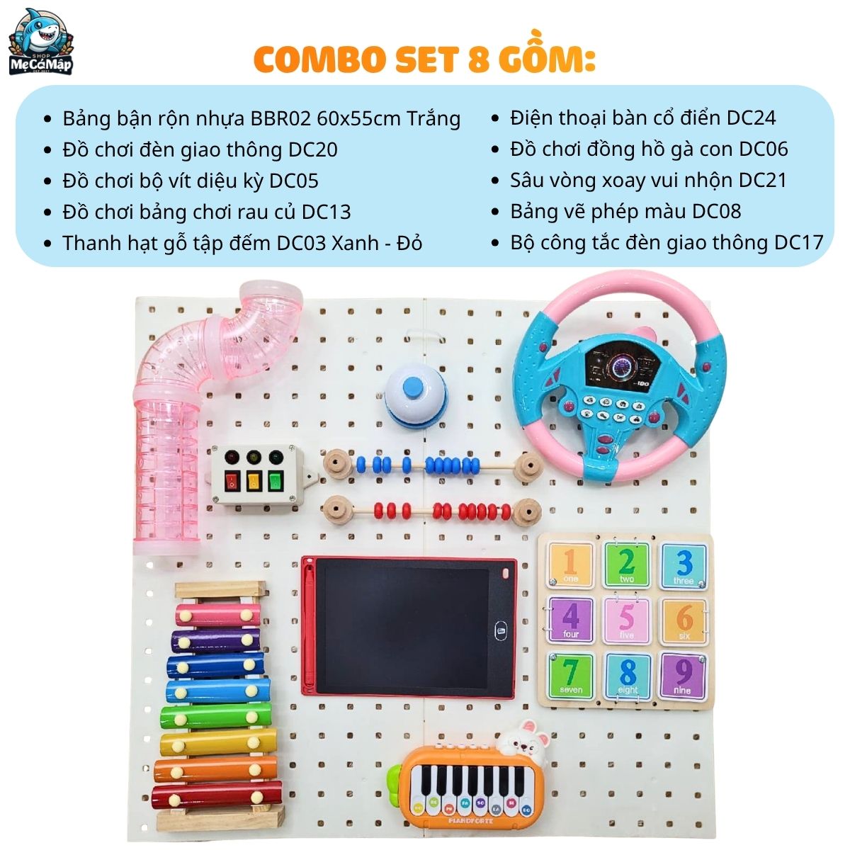 combo-bang-ban-ron-va-do-choi (8) Bảng bận rộn cho bé BBR02 kèm đồ chơi Montessori