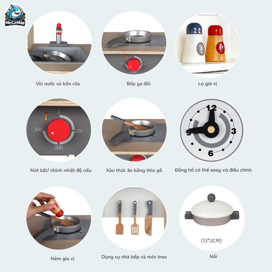 Bộ đồ chơi bếp gỗ DC06 Ghi Trắng