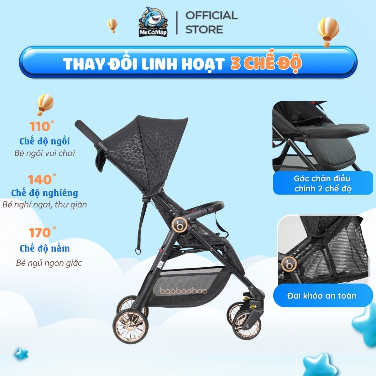 Xe đẩy gấp gọn Baobaohao A2 Plus màu đen