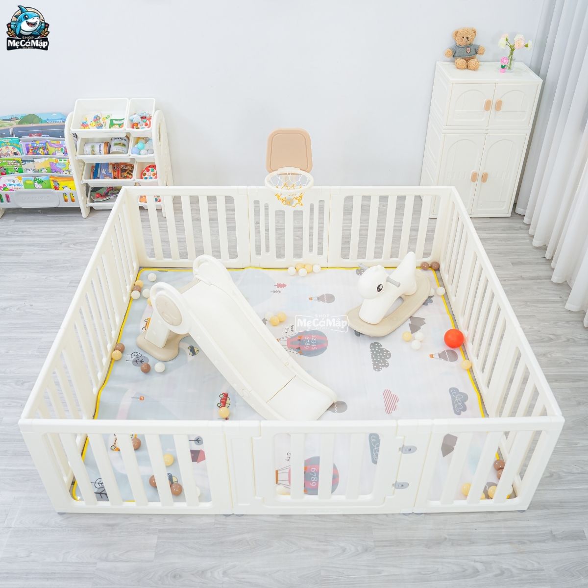 Combo quây nhựa Pakey Babyhome NC02 + Ngựa bập bênh RH01 + Cầu trượt phi hành gia + Lều